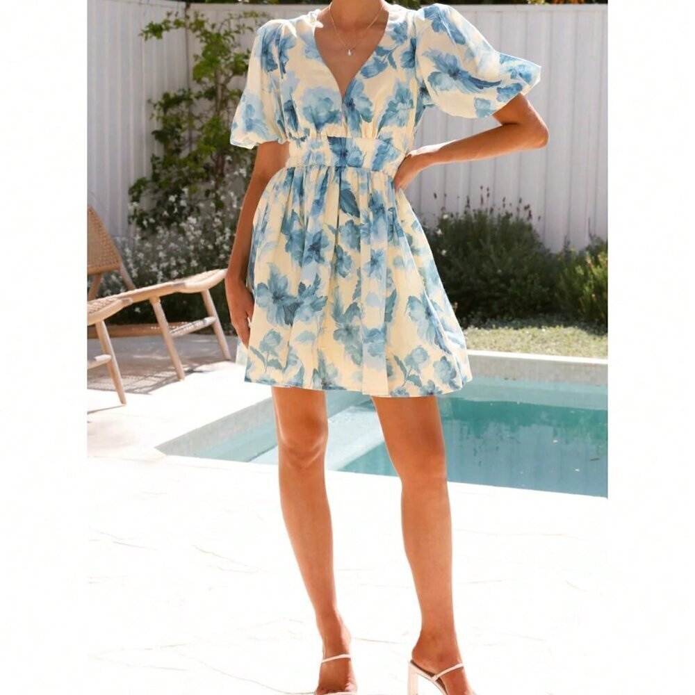 Blue Elegant Women's Floral V-Neck Gathered Waist Petal Sleeve A-Line Mini Dress